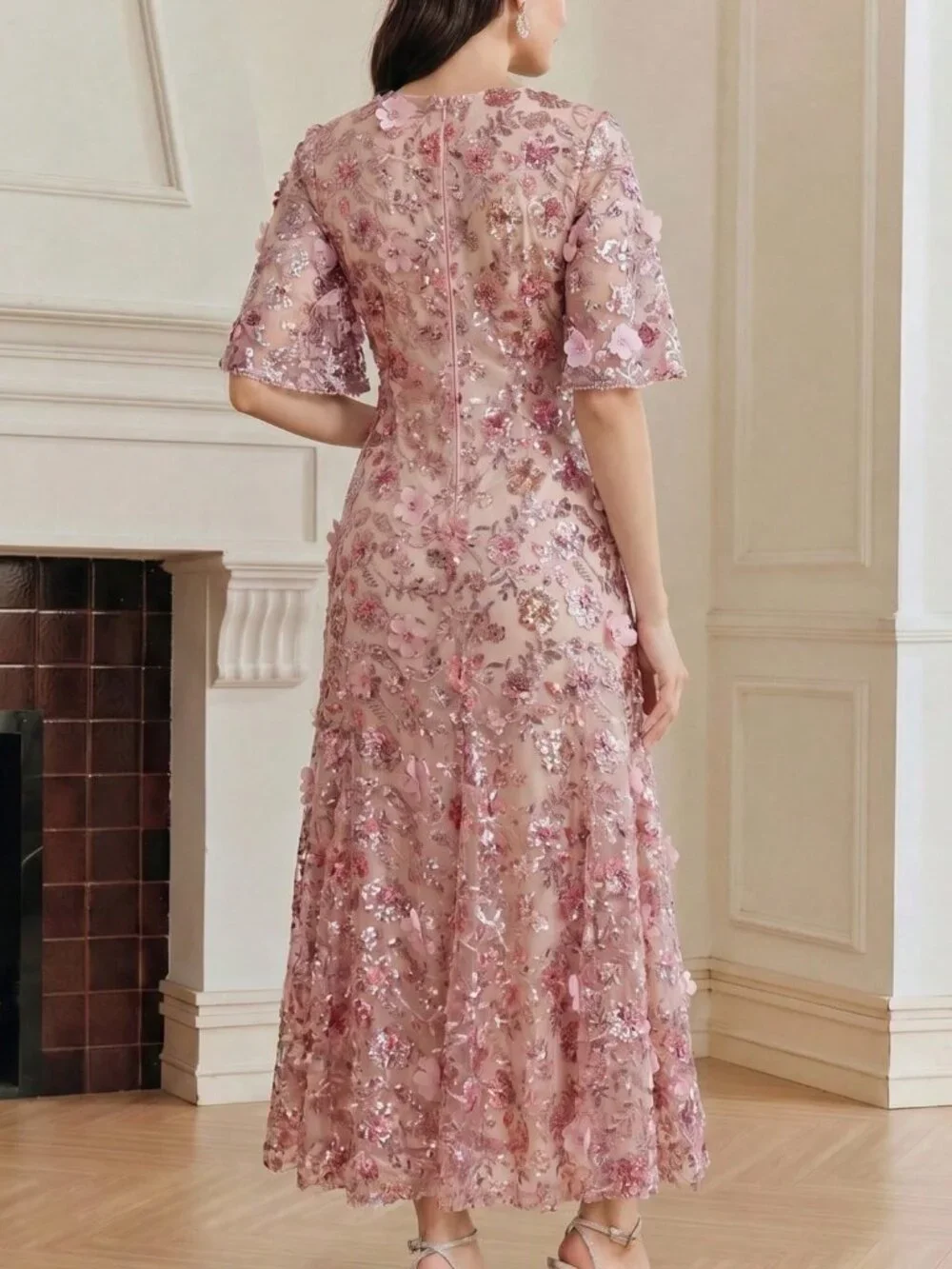 Pink Elegant Women's Floral Mesh Ruffle Trim Sequin Short Sleeve Dress